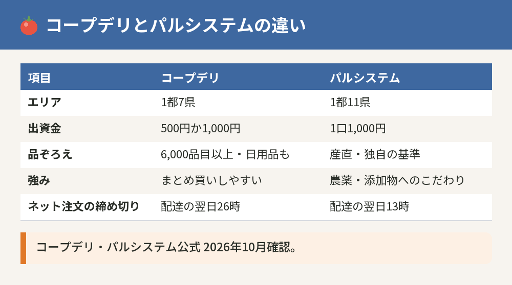 コープデリとパルシステムの違いの一覧